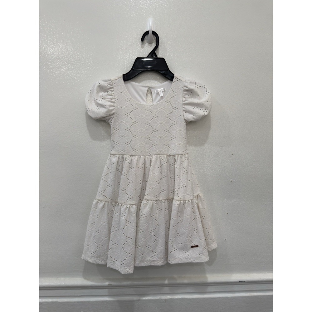 Girls White Eyelet Lace Dress Puff Sleeve Tiered Skater Dress size 5